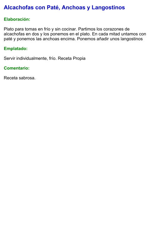 Alcachofas con Paté, Anchoas y Langostinos  Elaboración:  Plato para tomas en frío y sin cocinar. Partimos los corazones de alcachofas en dos y los ponemos en el plato. En cada mitad untamos con paté y ponemos las anchoas encima. Ponemos añadir unos langostinos  Emplatado:  Servir individualmente, frío. Receta Propia  Comentario:  Receta sabrosa.